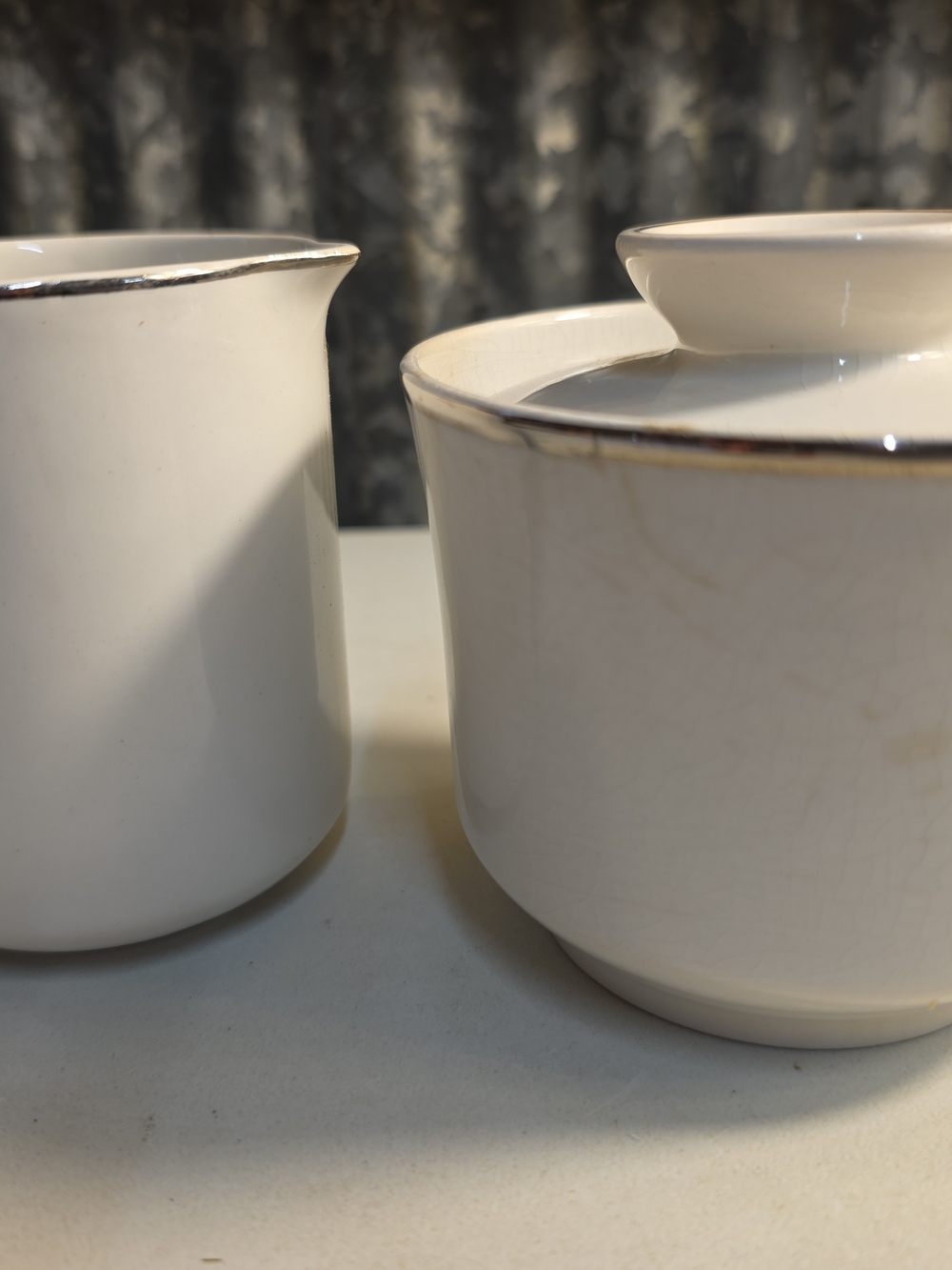 White Ceramic Sugar Bowl and Creamer with Silver Trim